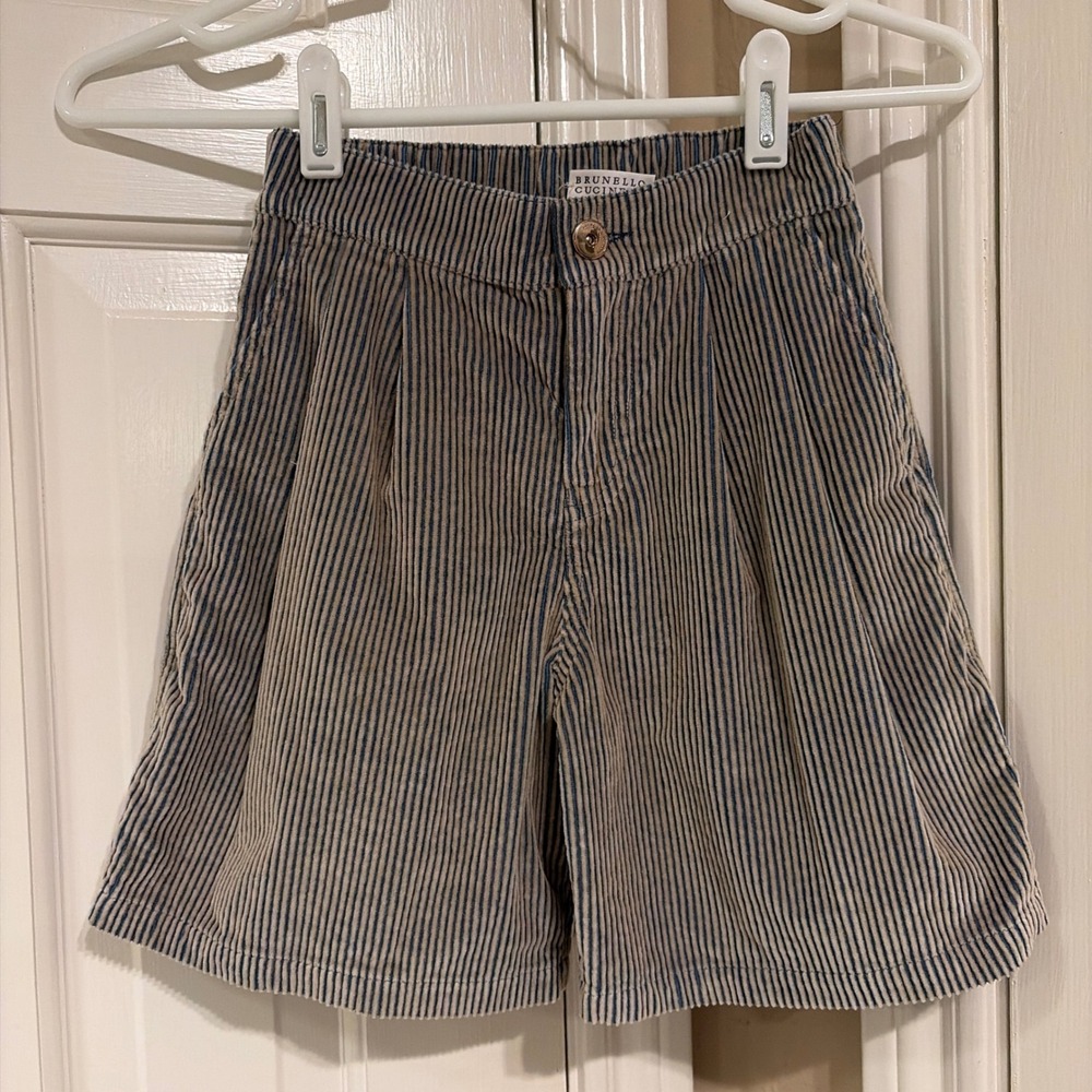 Brunello Cucinelli Kids Pleated Corduroy Shorts Blue Beige Striped Monili 4/5